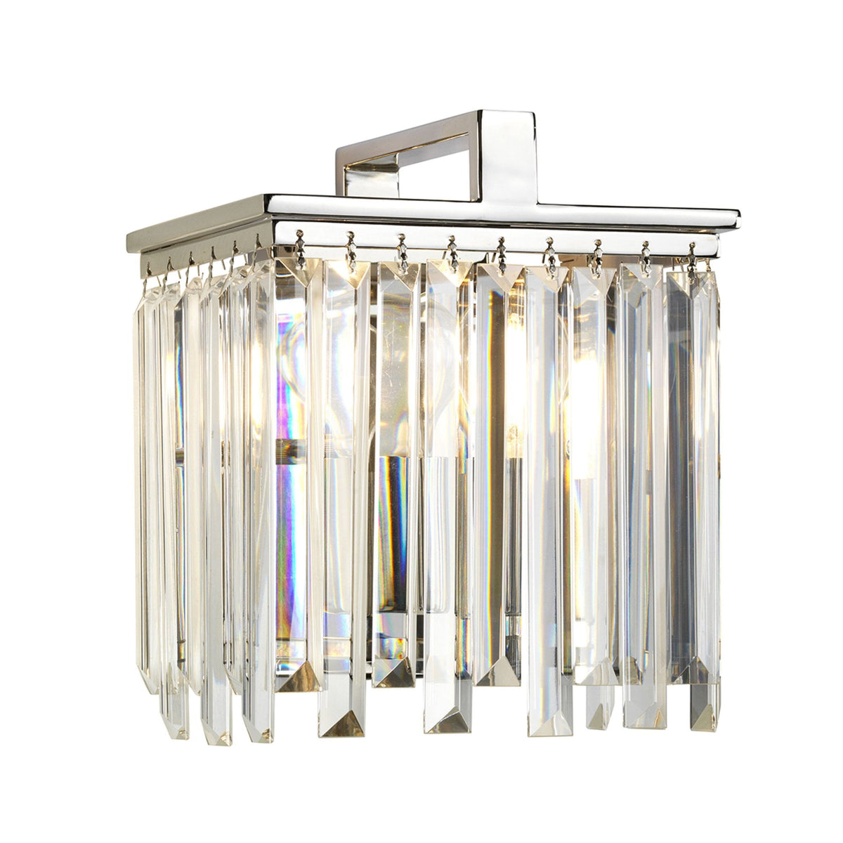 A close-up shot of a wall light with rectangular crystal drops, reflecting light beautifully.