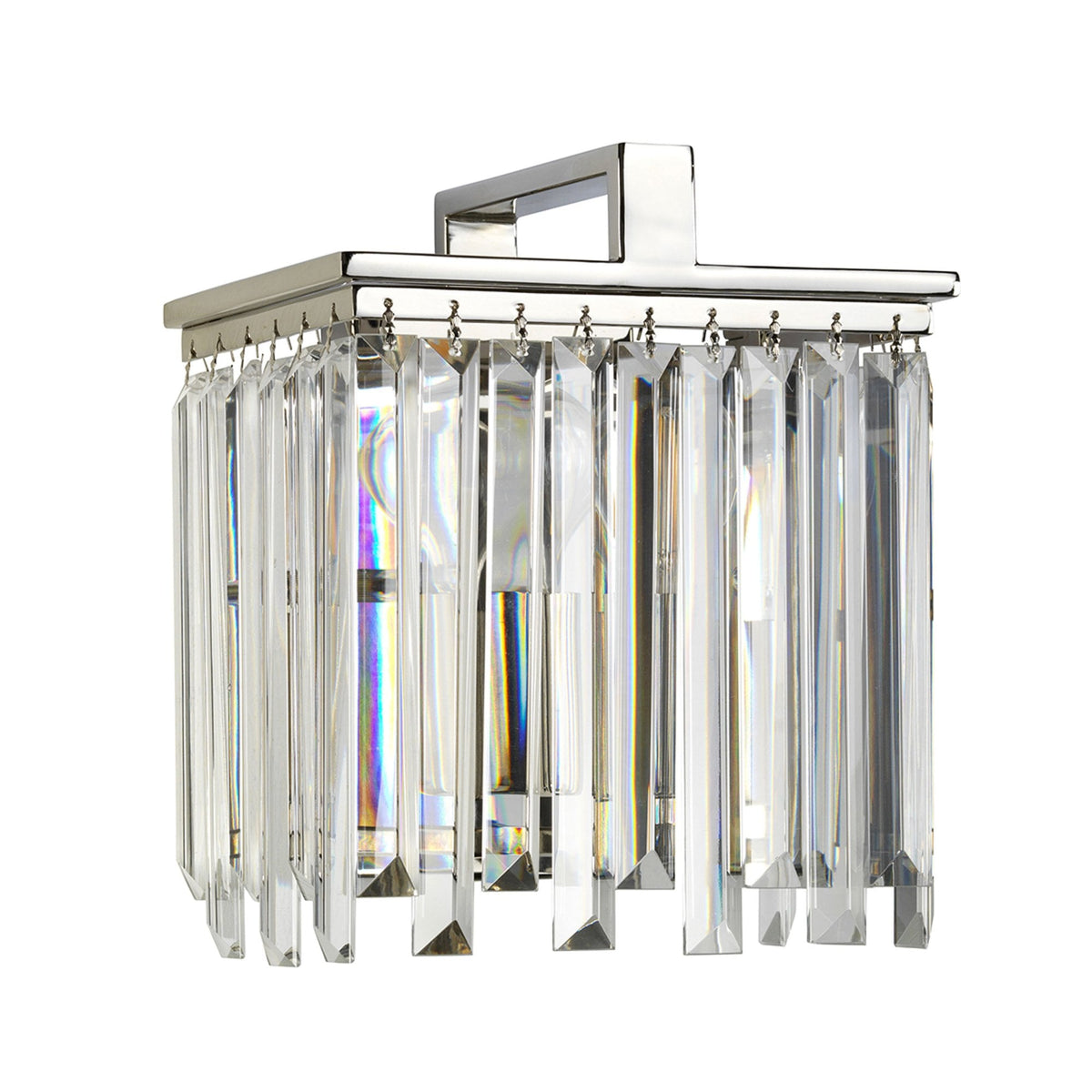 A front view of a wall light with rectangular crystal drops, designed for elegant illumination.