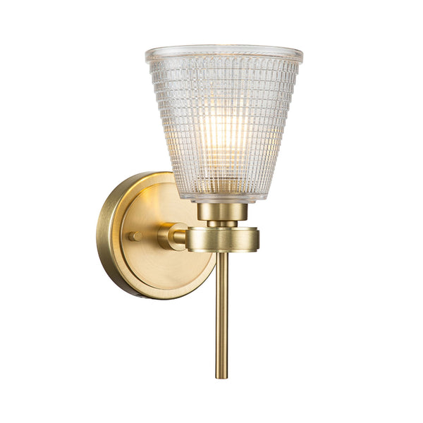 Gunnislake IP44 Wall Light in Brushed Brass with Prismatic Glass Shade