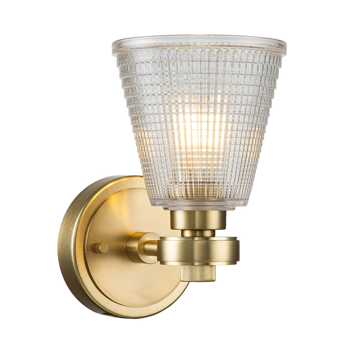 Gunnislake IP44 Wall Light in Brushed Brass with Prismatic Glass Shade
