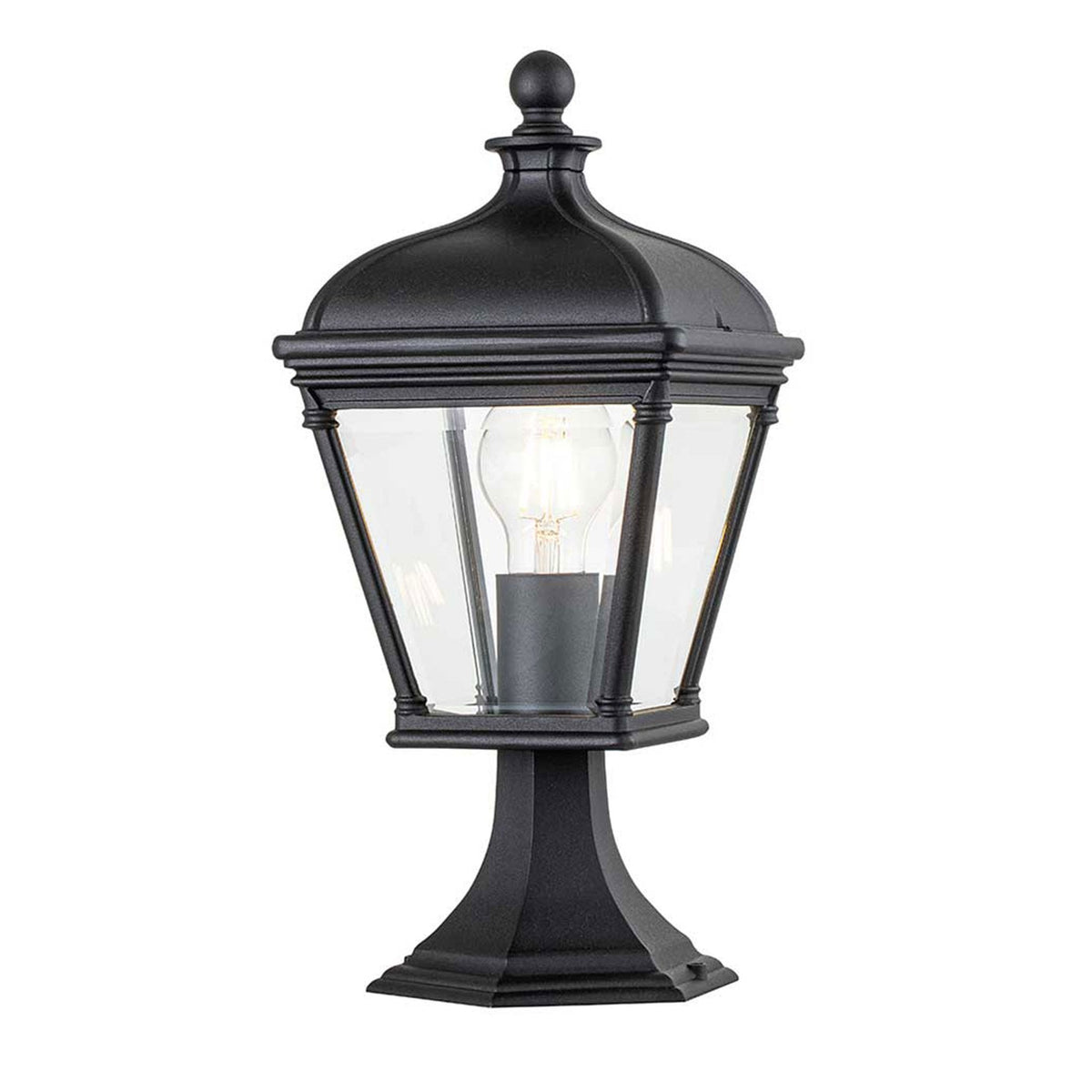 Bayview Medium IP44 Pedestal Lantern in Black with Clear Bevelled Glass