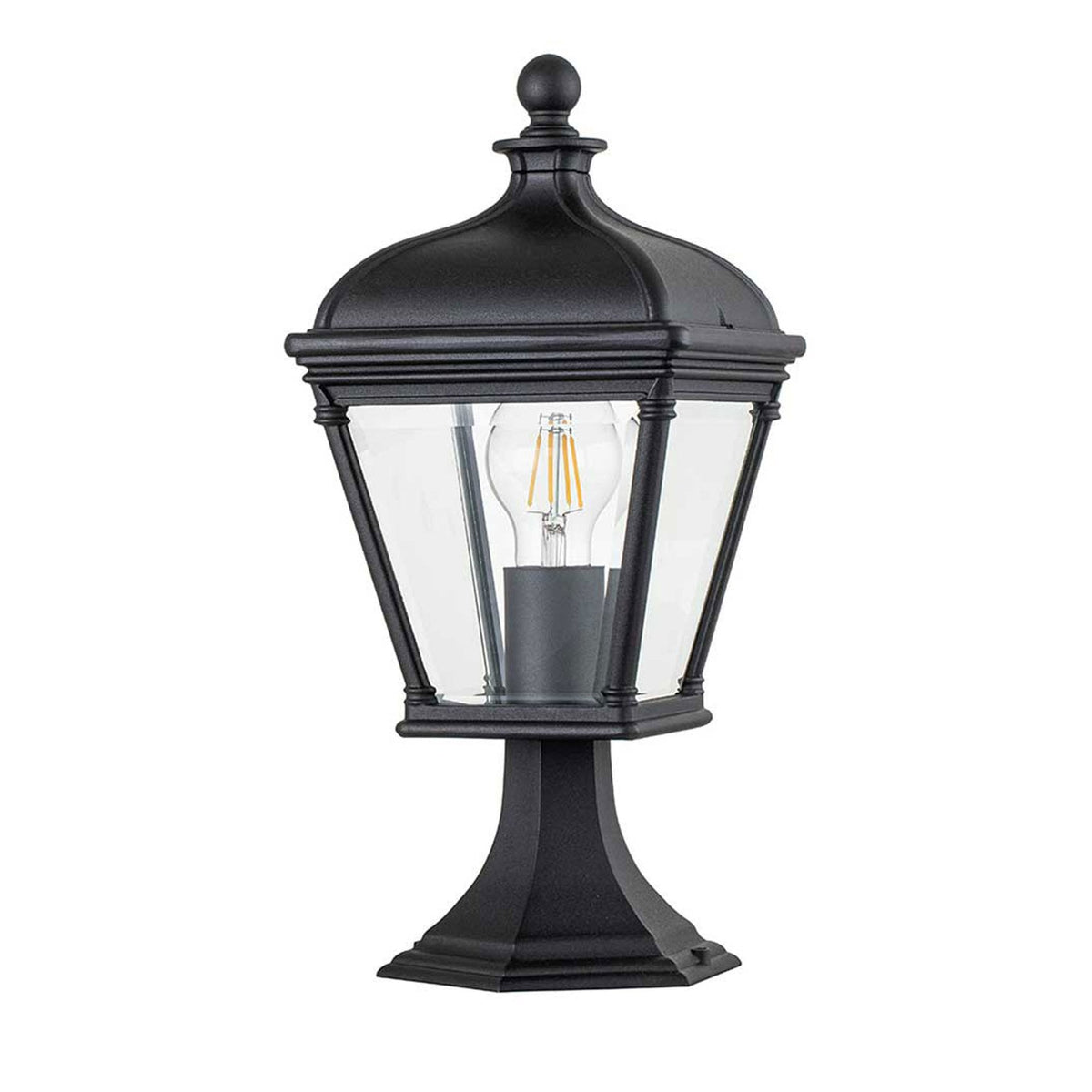 Bayview Medium IP44 Pedestal Lantern in Black with Clear Bevelled Glass