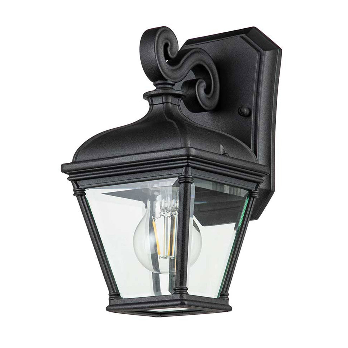 A black outdoor wall light with clear glass panels and an exposed filament bulb.