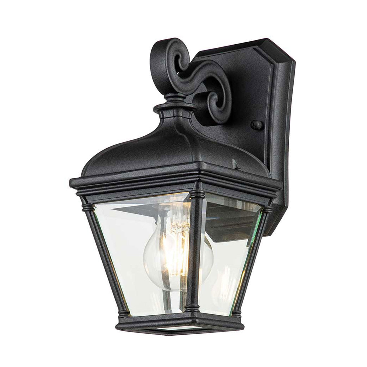 A black outdoor wall light with a decorative top scroll, clear glass, and an LED bulb.