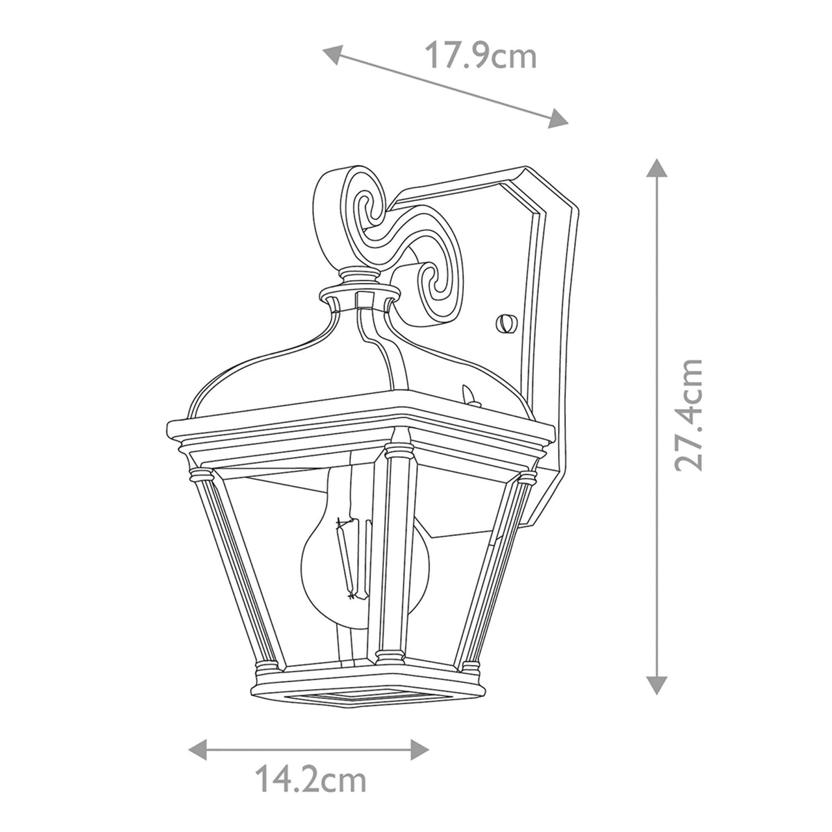 Line drawing of the outdoor wall light with its dimensions: 17.9cm W, 27.4cm H, 14.2cm D.