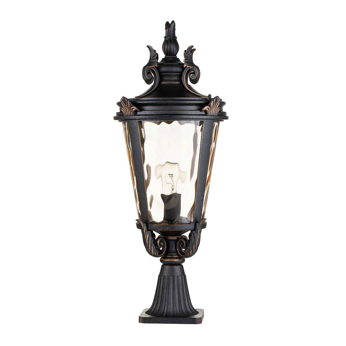 Baltimore Large Pedestal Lantern in Weathered Bronze with Amber Tinted Blown Glass