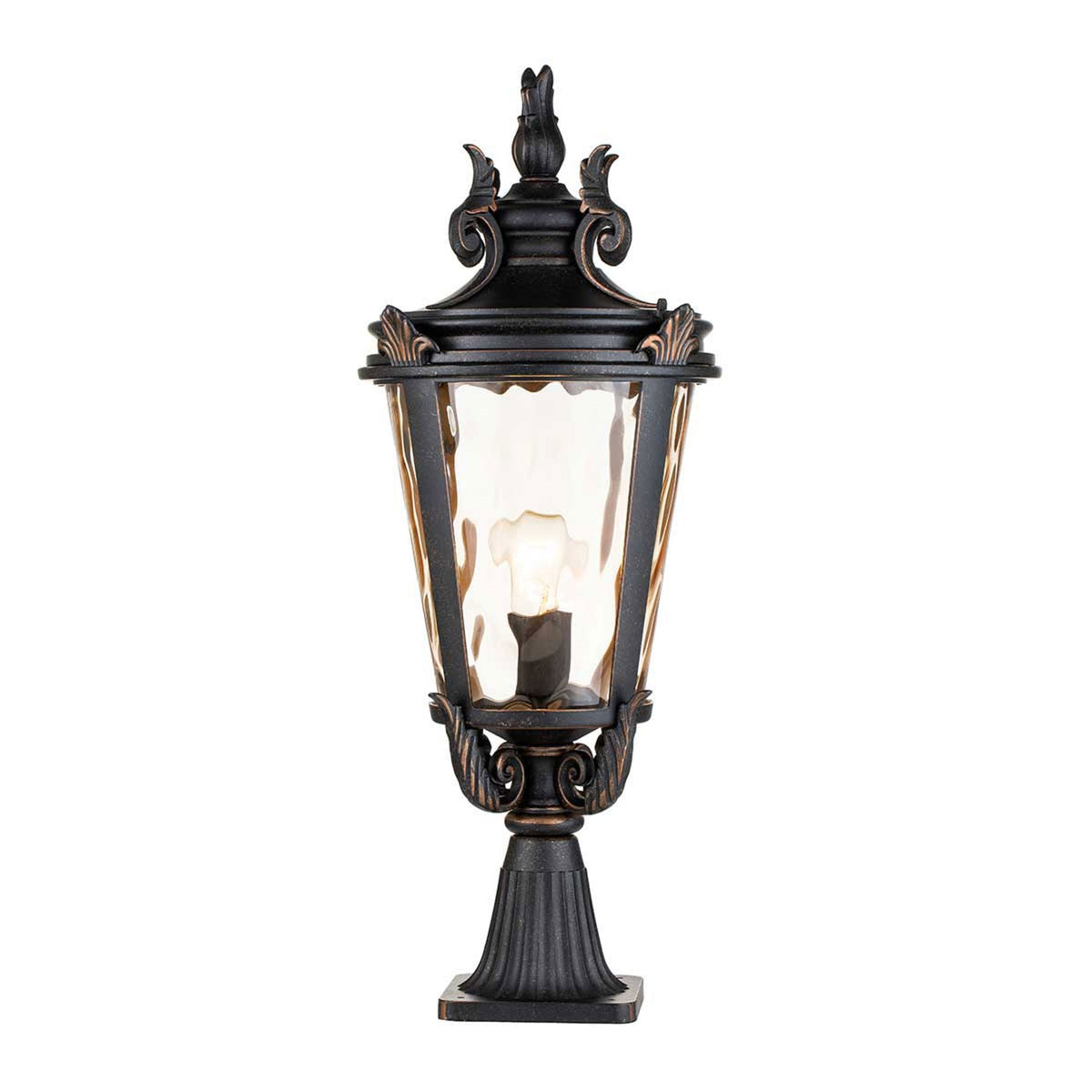 Baltimore Large Pedestal Lantern in Weathered Bronze with Amber Tinted Blown Glass