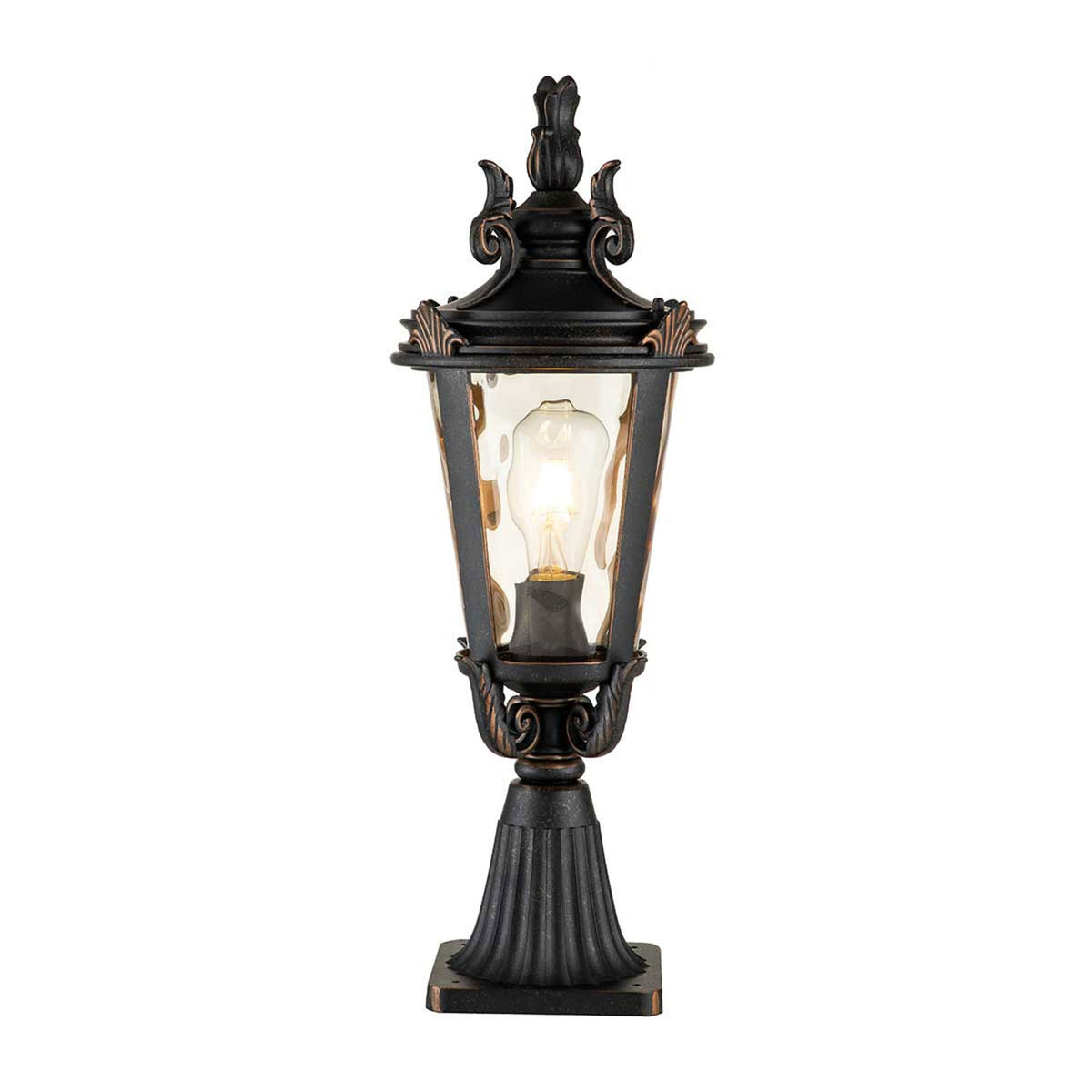 Baltimore Medium Pedestal Lantern in Weathered Bronze with Amber Tinted Blown Glass