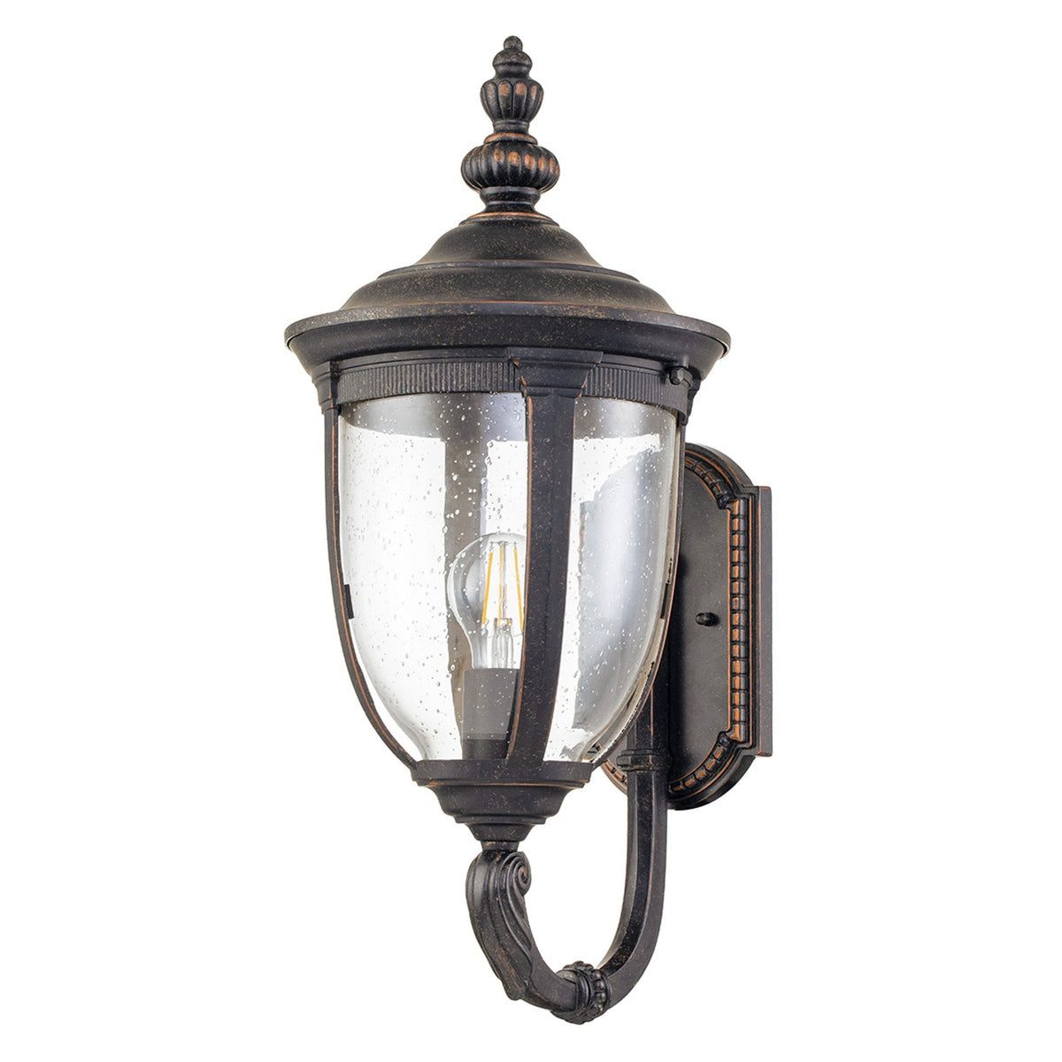 Cleveland Medium Up Arm Wall Lantern in Weathered Bronze with Clear Seeded Glass