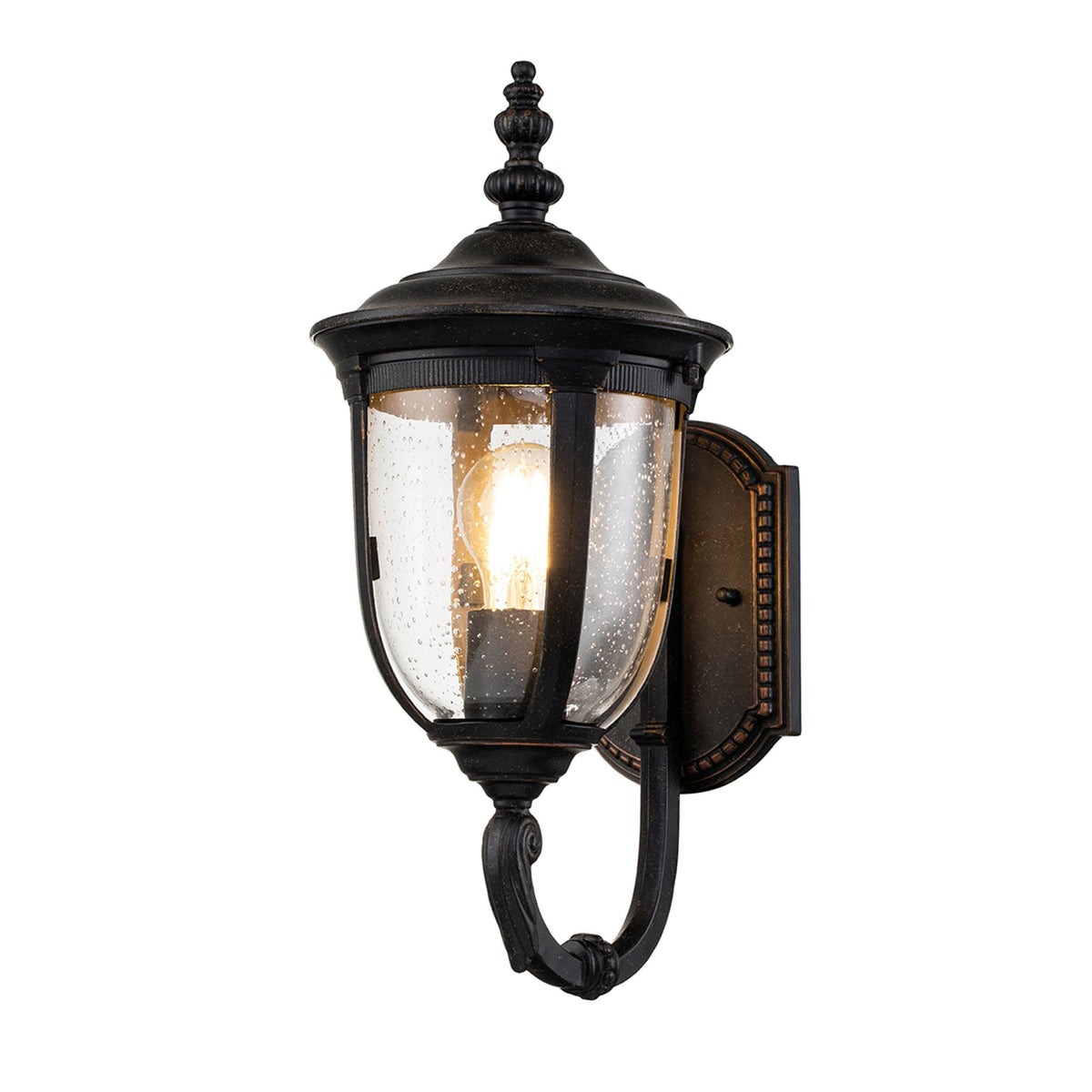 Cleveland Small Up Arm Wall Lantern in Weathered Bronze with Clear Seeded Glass