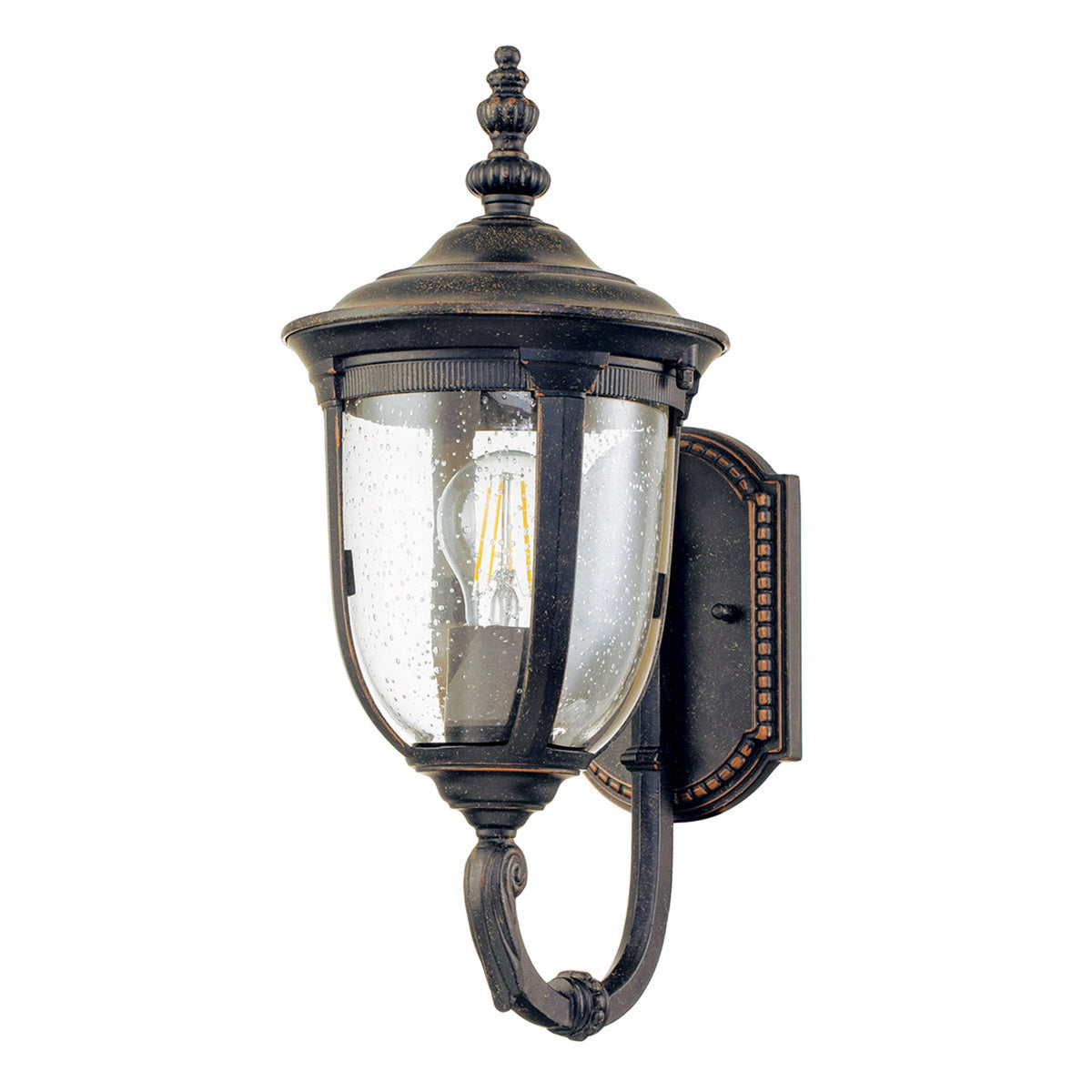 Cleveland Small Up Arm Wall Lantern in Weathered Bronze with Clear Seeded Glass