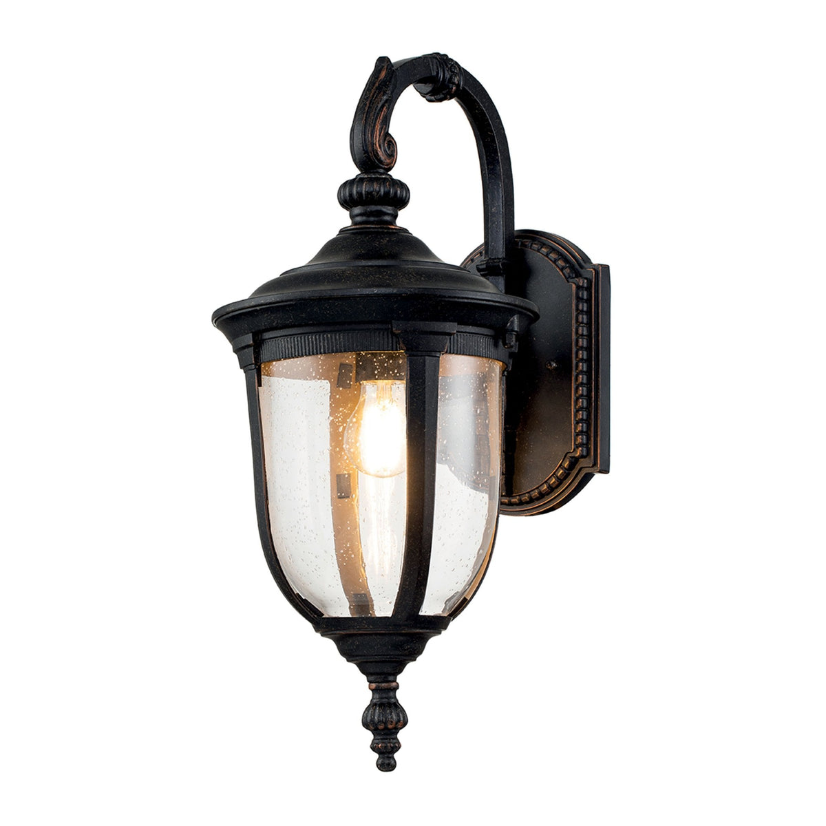 Cleveland Medium Down Arm Wall Lantern in Weathered Bronze with Clear Seeded Glass