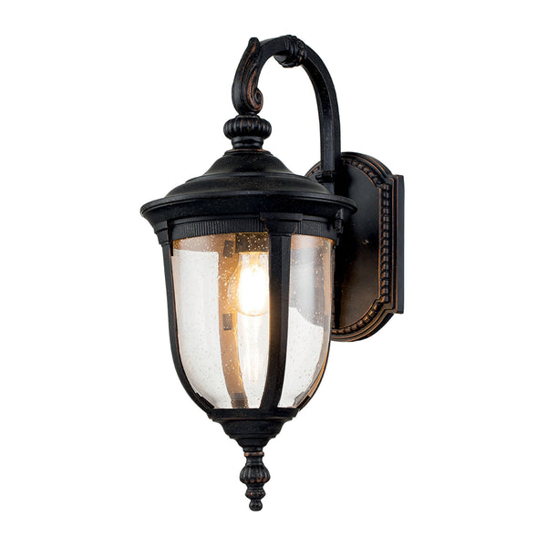 Cleveland Medium Down Arm Wall Lantern in Weathered Bronze with Clear Seeded Glass