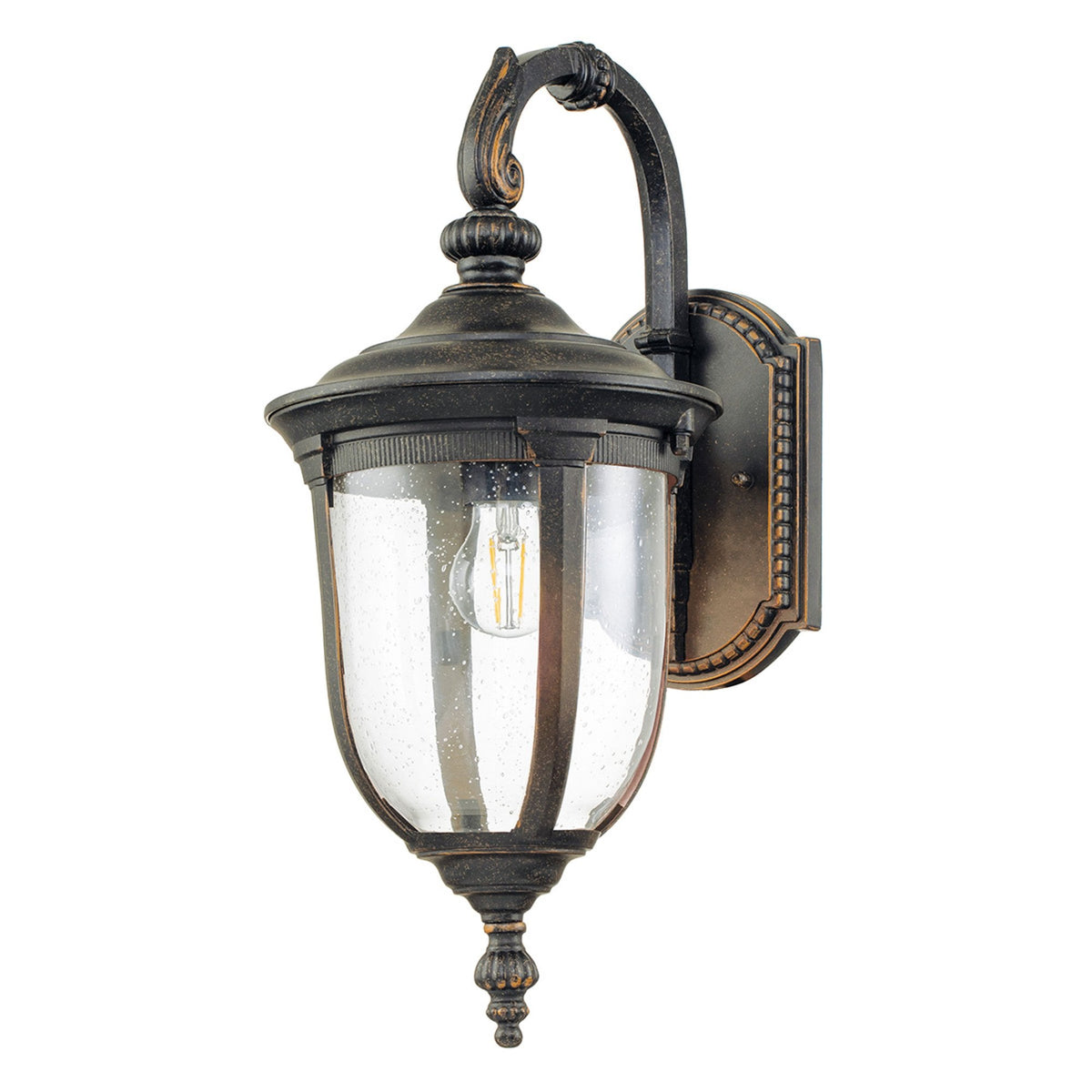 Cleveland Medium Down Arm Wall Lantern in Weathered Bronze with Clear Seeded Glass