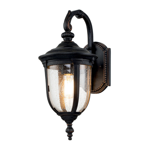 Cleveland Small Down Arm Wall Lantern in Weathered Bronze with Clear Seeded Glass