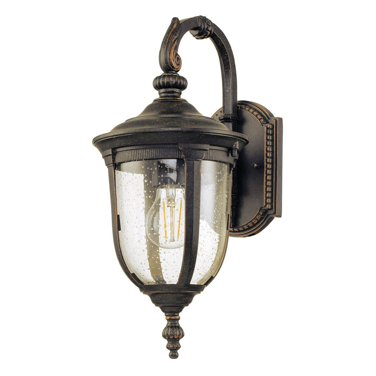 Cleveland Small Down Arm Wall Lantern in Weathered Bronze with Clear Seeded Glass
