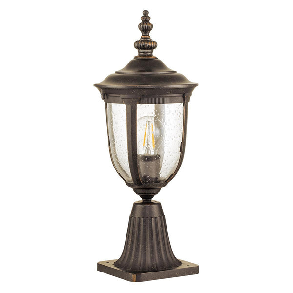 Cleveland Small Pedestal Lantern in Weathered Bronze with Clear Seeded Glass