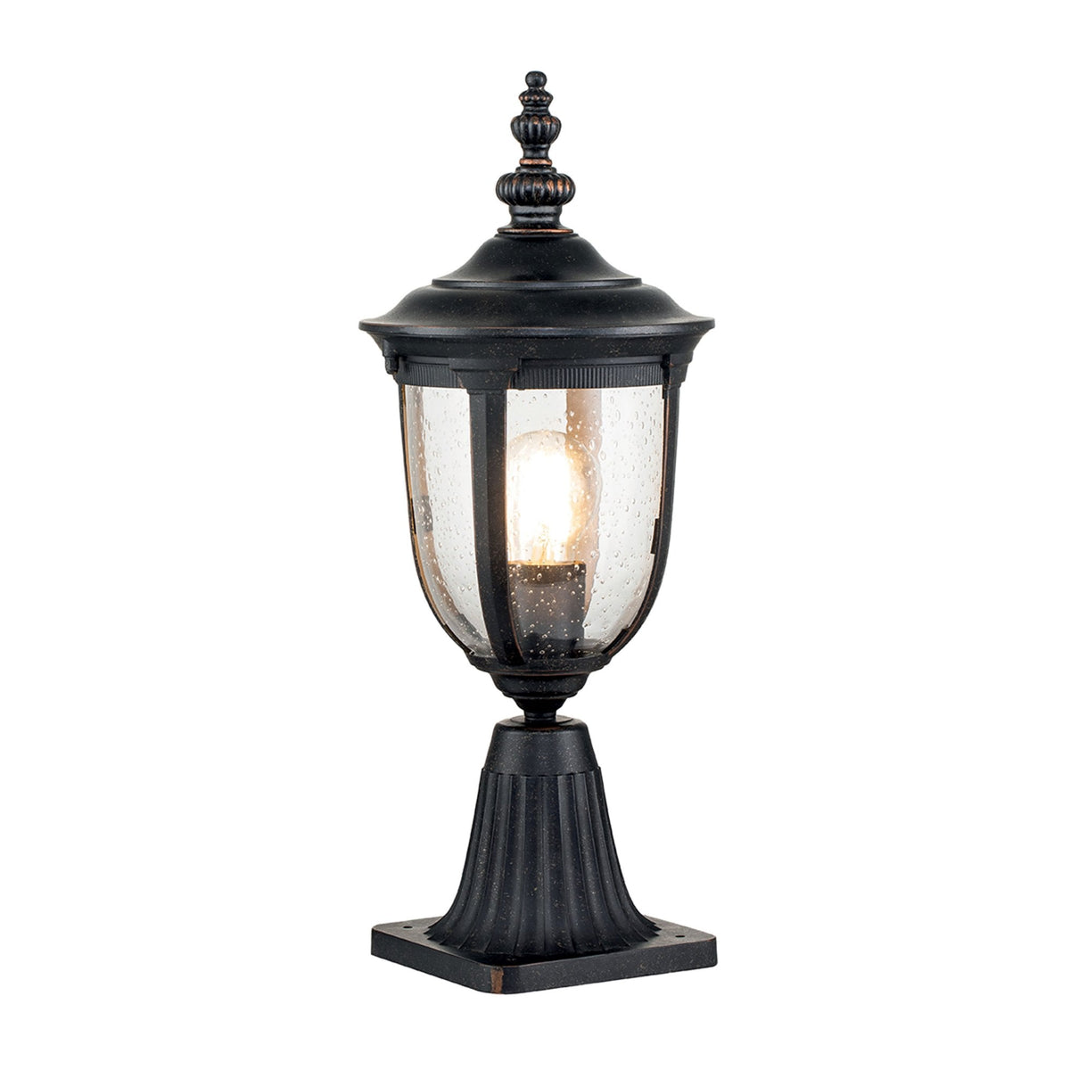 Cleveland Small Pedestal Lantern in Weathered Bronze with Clear Seeded Glass