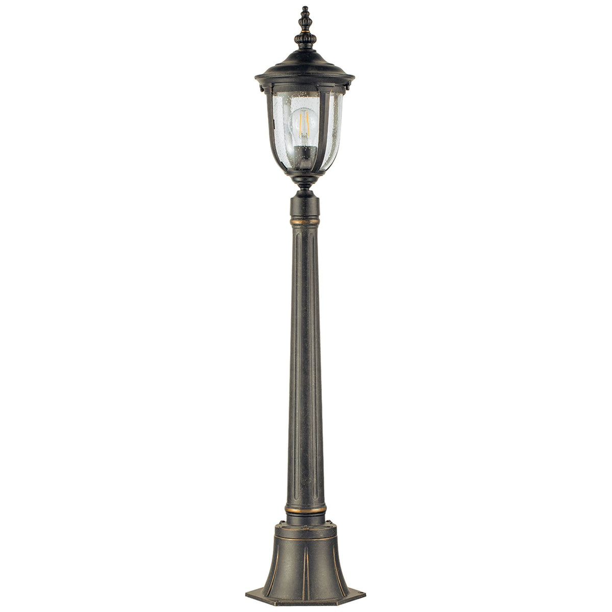 Cleveland Small Pillar Lantern in Weathered Bronze with Clear Seeded Glass