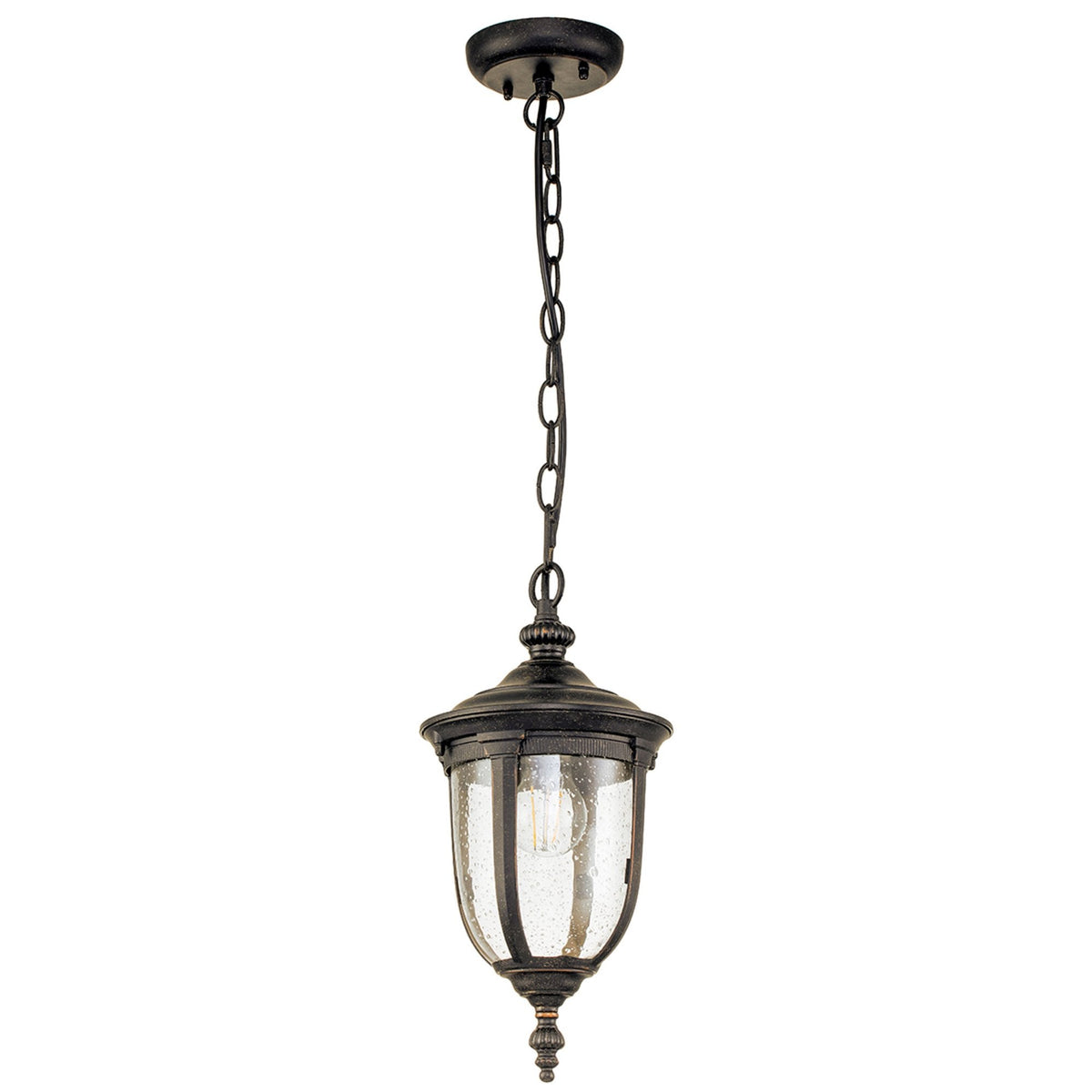 Cleveland Small Chain Pendant Lantern in Weathered Bronze with Clear Seeded Glass