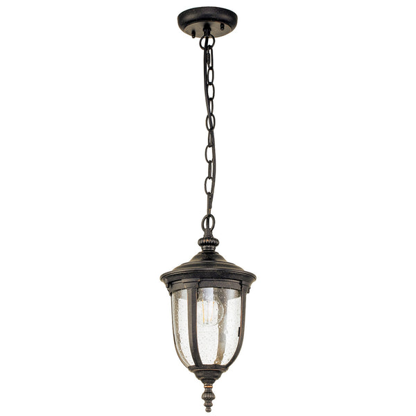 Cleveland Small Chain Pendant Lantern in Weathered Bronze with Clear Seeded Glass
