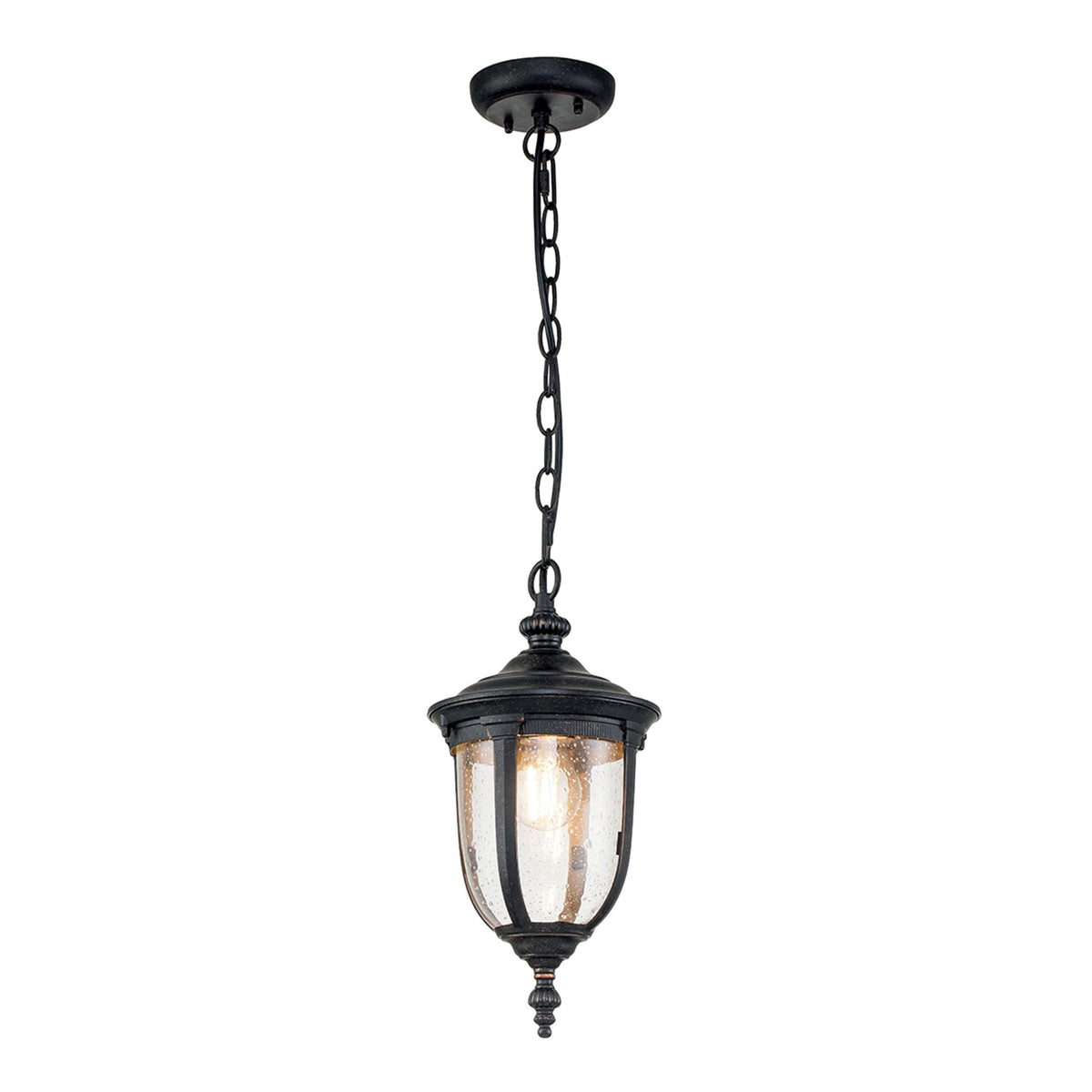 Cleveland Small Chain Pendant Lantern in Weathered Bronze with Clear Seeded Glass
