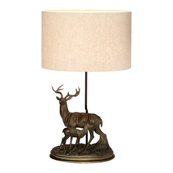 Amelia Stag & Fawn Table Lamp in Bronze Patina with Oval Natural Hessian Shade