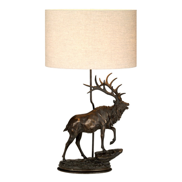 Angus Stag Statuette Table Lamp in Bronze Patina with Oval Natural Hessian Shade