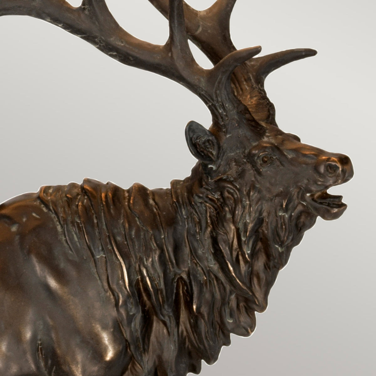 Angus Stag Statuette Table Lamp in Bronze Patina with Oval Natural Hessian Shade