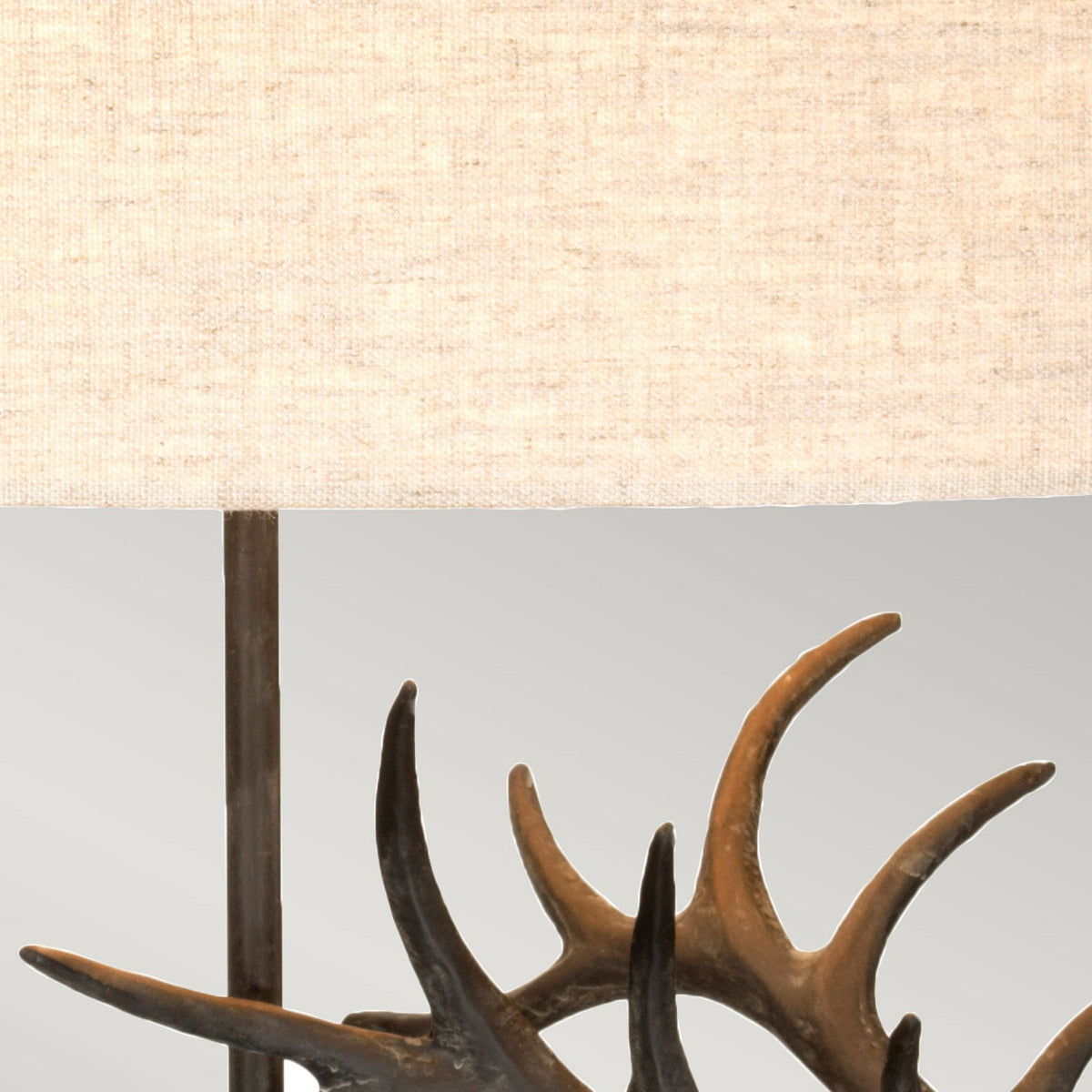Angus Stag Statuette Table Lamp in Bronze Patina with Oval Natural Hessian Shade