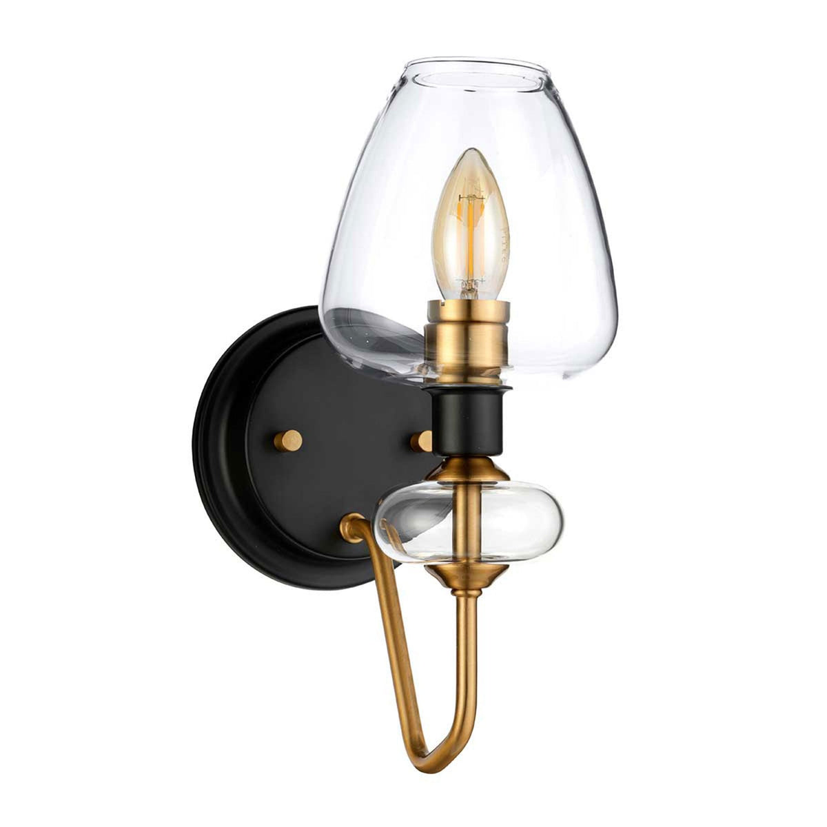 A modern wall sconce featuring a bell-shaped clear glass shade and brass-coloured stem.