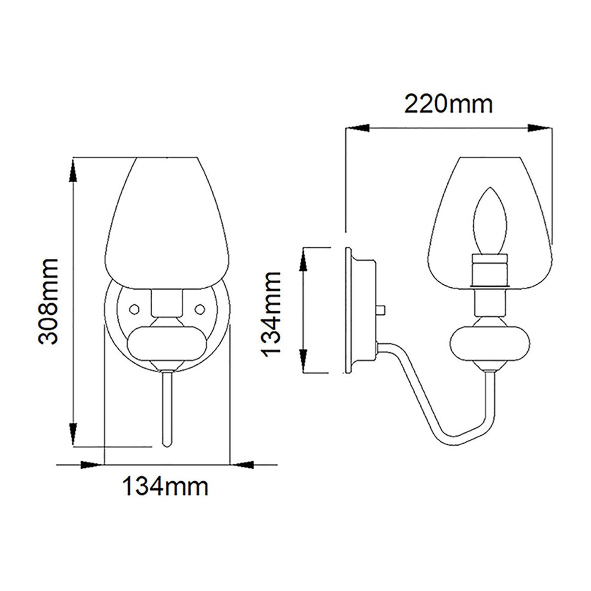 Line drawing of the wall light showing its dimensions from front and side views.