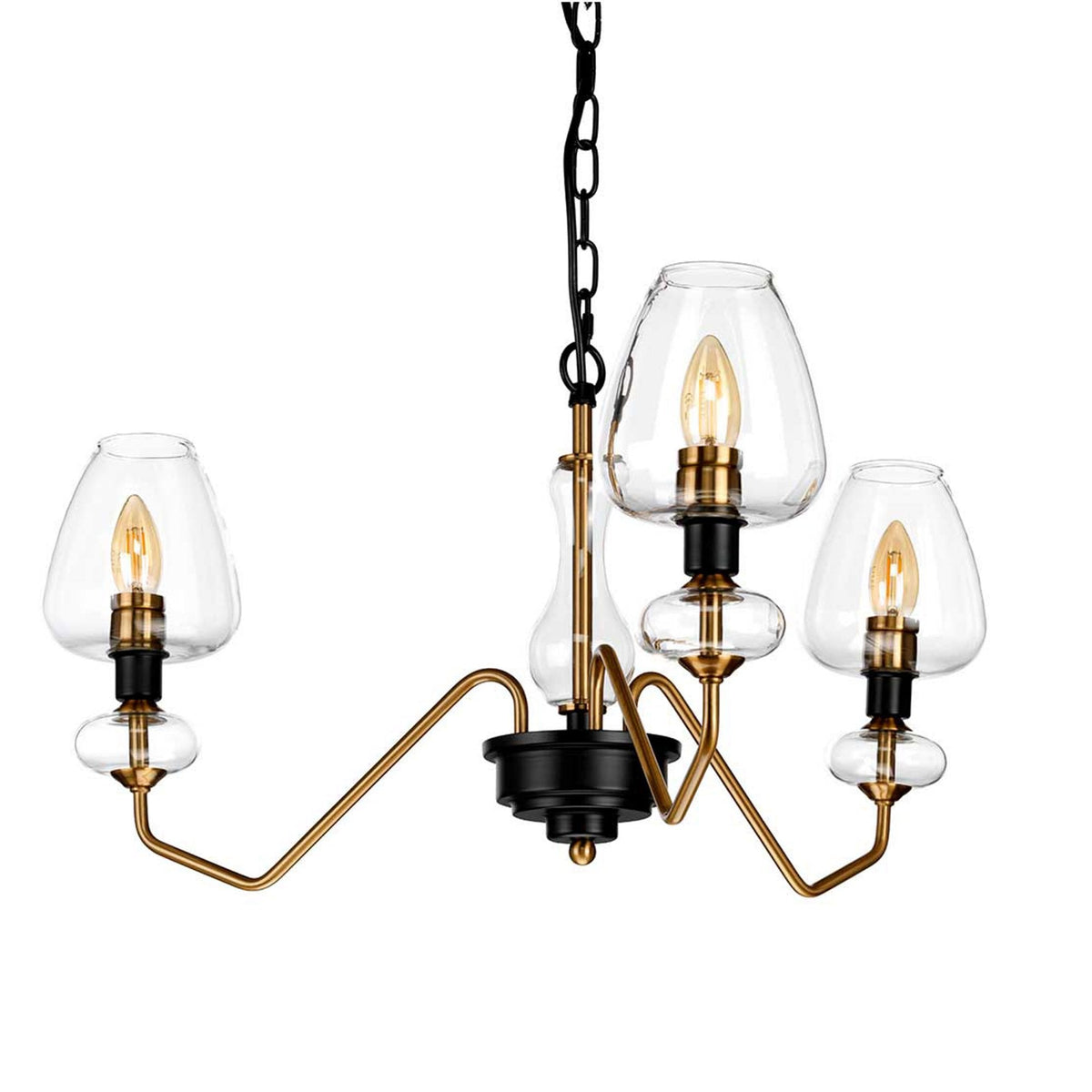 Armand Three Arm Pendant in Aged Brass & Charcoal Black with Clear Shades