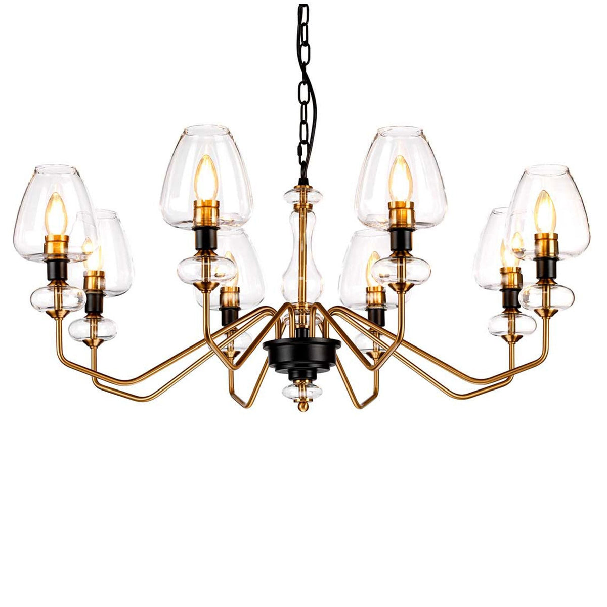 Armand Eight Arm Pendant in Aged Brass & Charcoal Black with Clear Shades