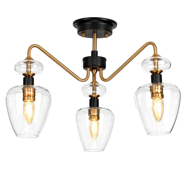 Armand Three Arm Semi Flush Light in Aged Brass & Charcoal Black with Clear Shades