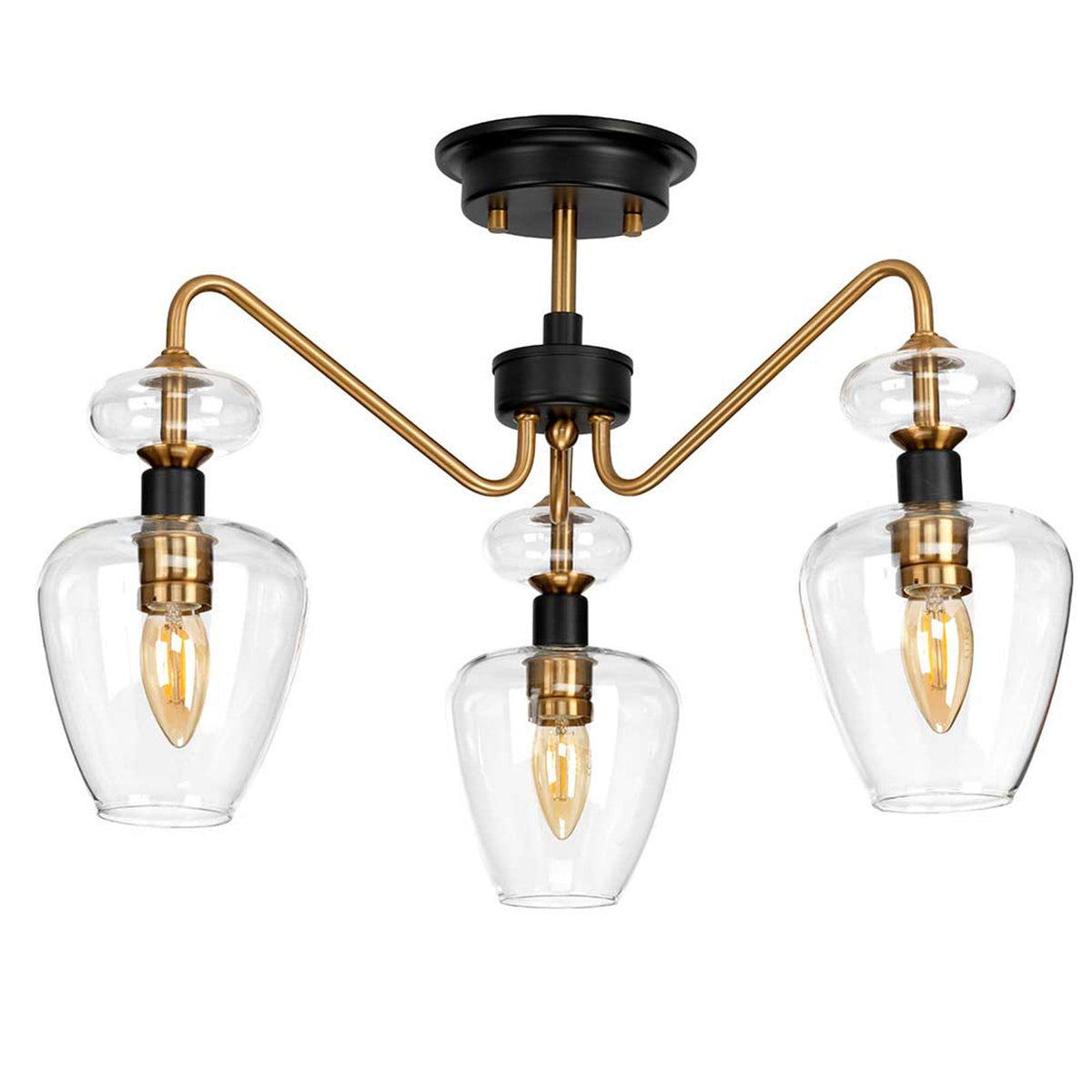 Armand Three Arm Semi Flush Light in Aged Brass & Charcoal Black with Clear Shades