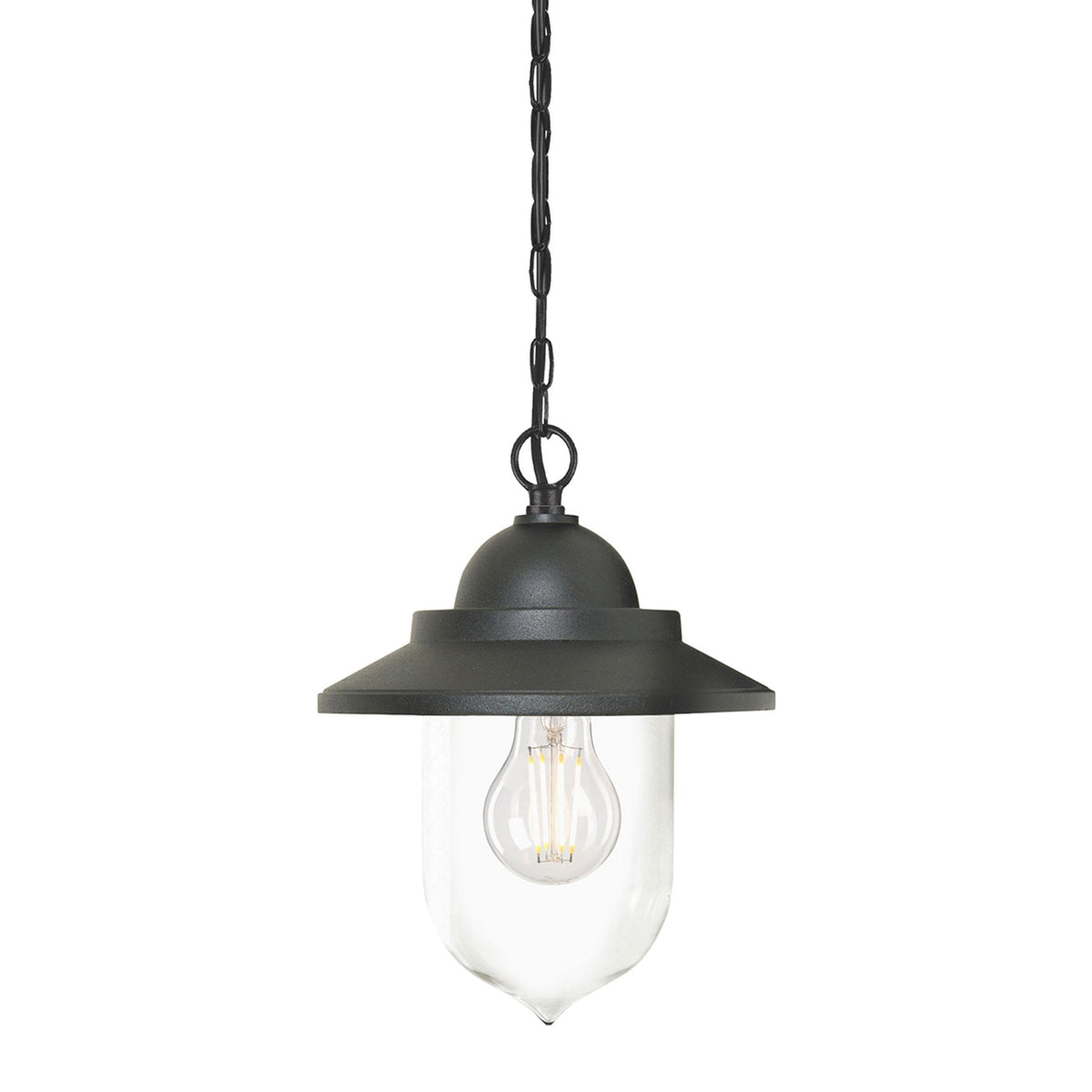 An overhead view of a black metal hanging lantern with a clear glass shade and exposed bulb.