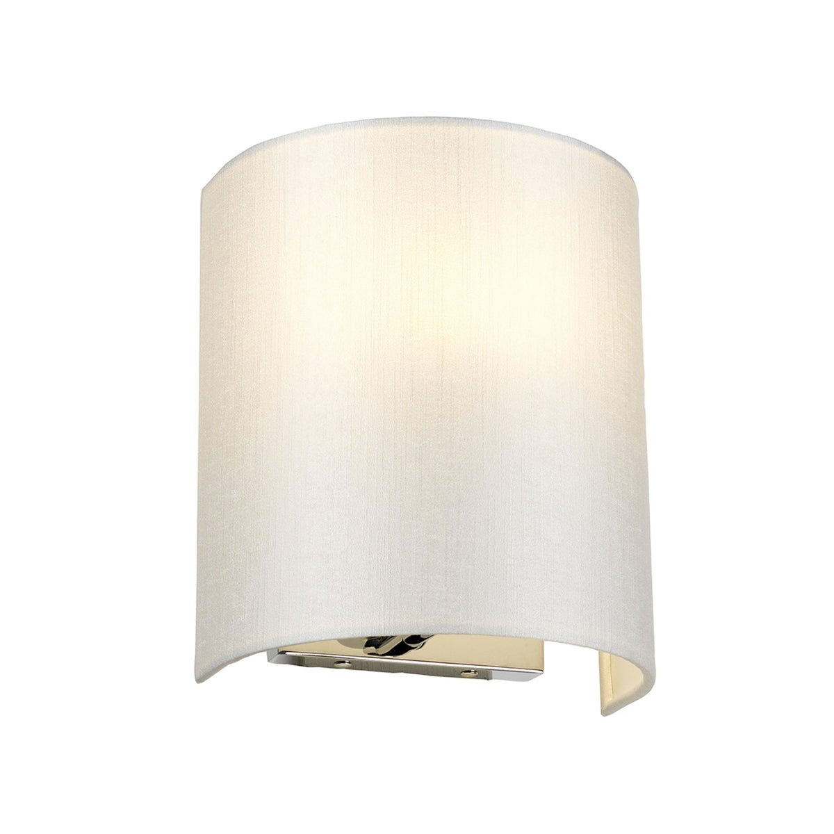 A sleek, white curved wall light with a polished chrome base, emitting a warm glow.