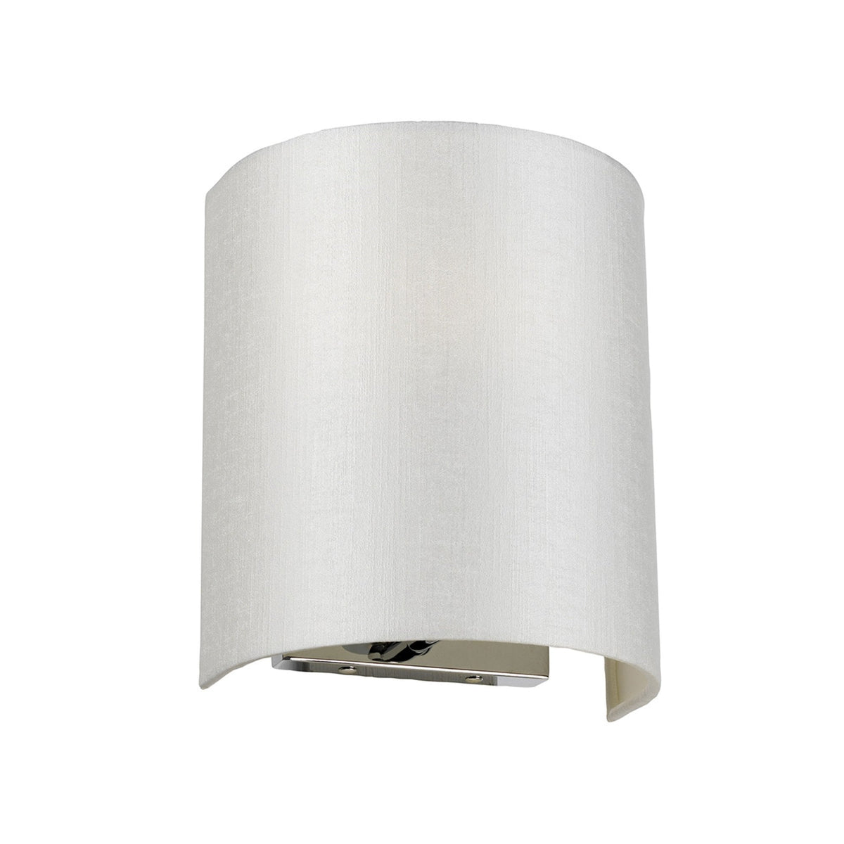 A modern, white curved wall light with a polished chrome base, unlit against a white background.