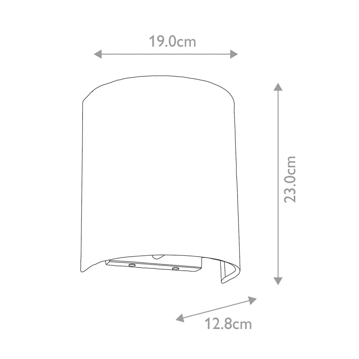 Line drawing of the wall light with dimensions: 19.0cm width, 23.0cm height, 12.8cm depth.