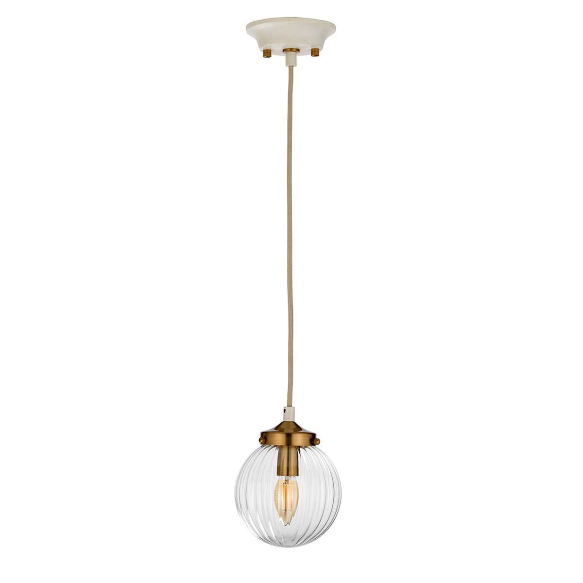 Cosmos Single Pendant in a Cream Finish with Aged Brass Detailing and Clear Ribbed Glass