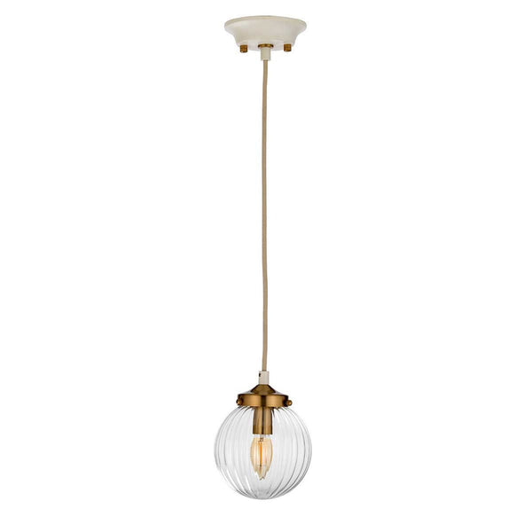 Cosmos Single Pendant in a Cream Finish with Aged Brass Detailing and Clear Ribbed Glass