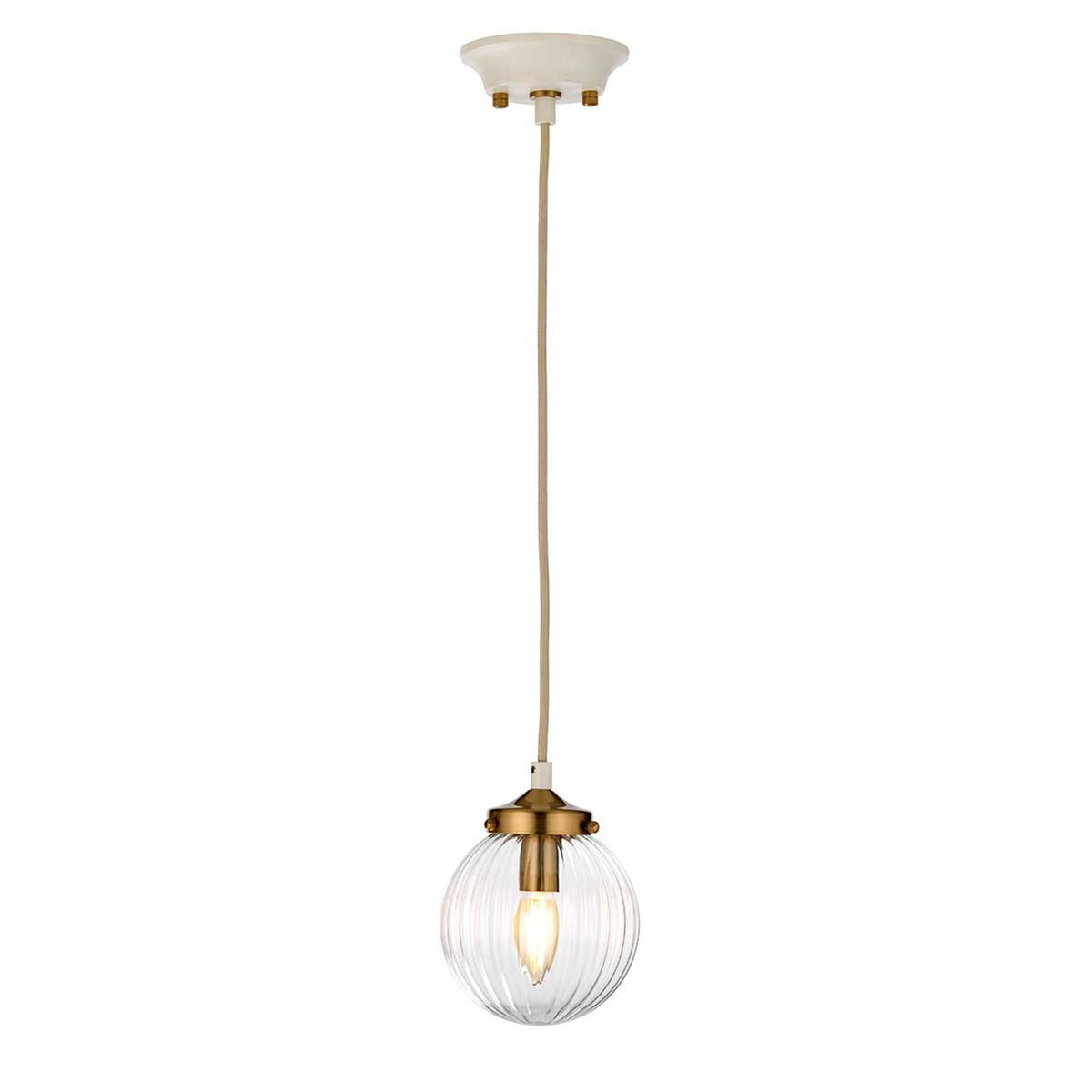 Cosmos Single Pendant in a Cream Finish with Aged Brass Detailing and Clear Ribbed Glass