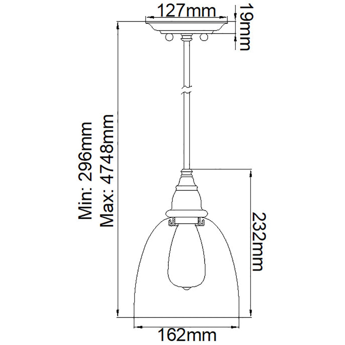Line drawing of a pendant light fixture with detailed dimensions for installation.