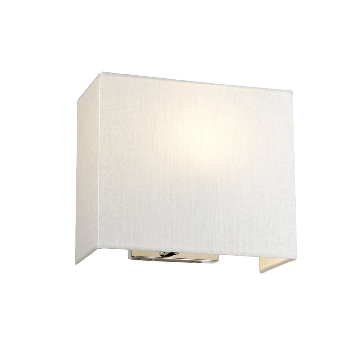 A modern wall light with a rectangular white fabric shade, emitting a warm glow upwards.