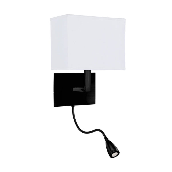 Hotel Wall Light With Reader In Black With White Fabric Shade