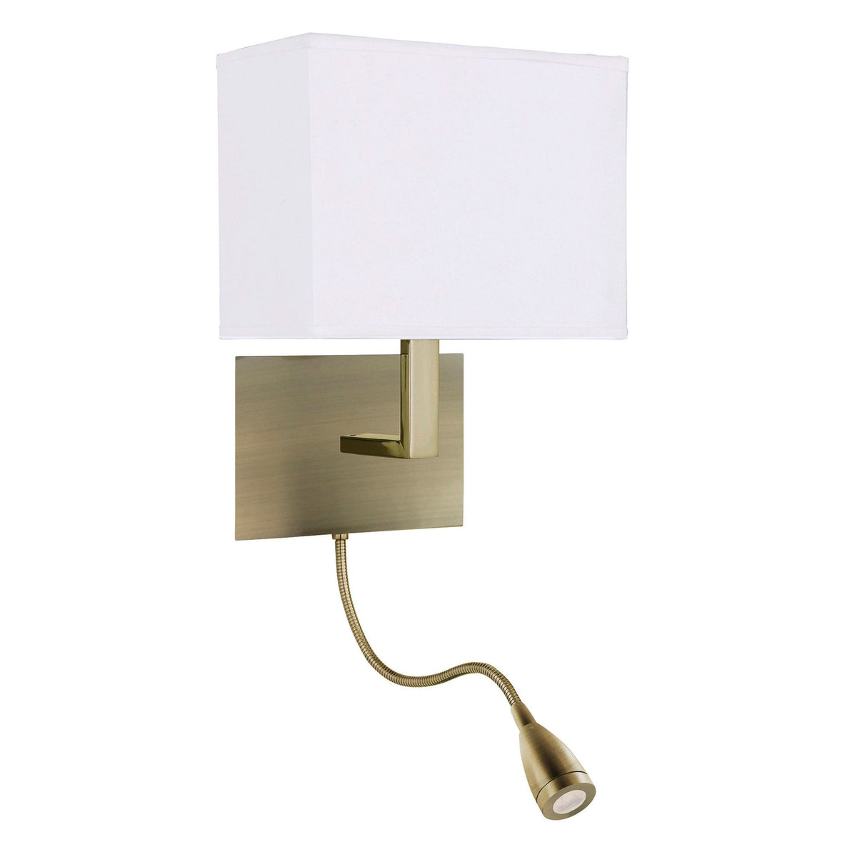 Hotel Wall Light With Reader In Antique Brass With White Fabric Shade