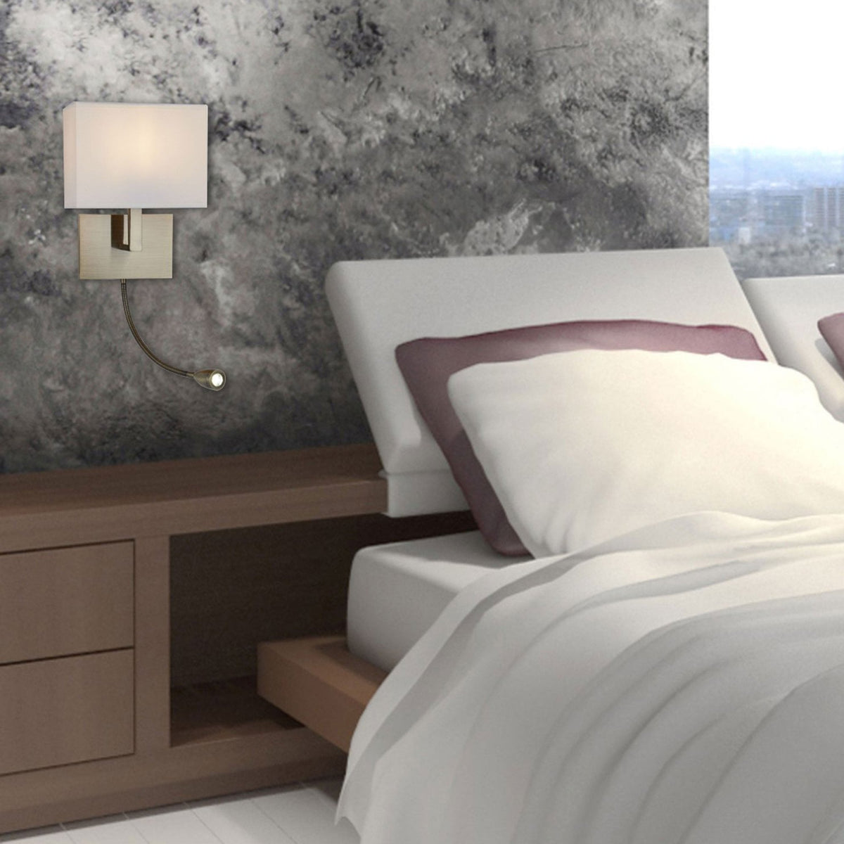 Hotel Wall Light With Reader In Antique Brass With White Fabric Shade