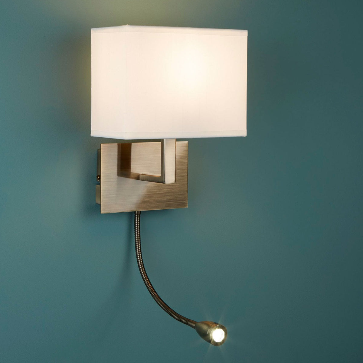 Hotel Wall Light With Reader In Antique Brass With White Fabric Shade
