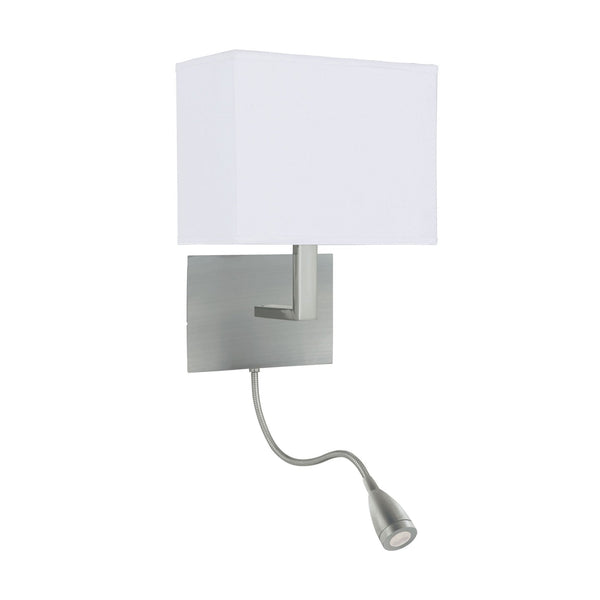 Hotel Wall Light With Reader In Satin Silver With White Fabric Shade